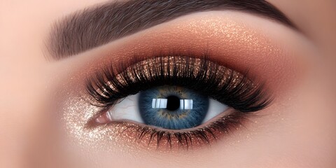 Naklejka premium Stunning Closeup Blue Eye Makeup with Glitter and Long Lashes