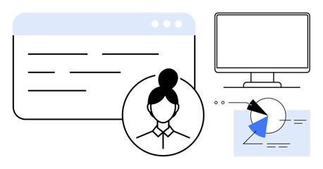 Web interface with user profile, data charts, and computer screen illustrating organization, analytics, and user-centric systems. Ideal for technology, analytics, team management, data visualization