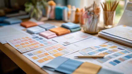 Creative workspace with organized notes, vibrant stationery, open books and natural light streaming through windows.