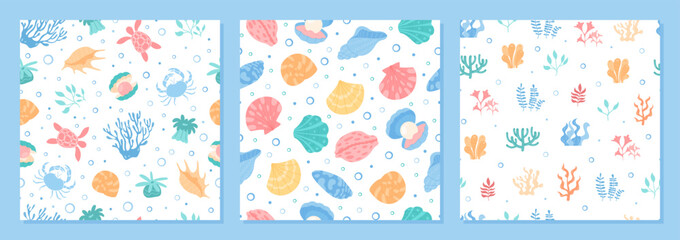 Underwater seamless pattern set with marine details. Vibrant coral, plant, reef, and aquatic life in a cartoon graphic style. Perfect background for sea or summer themes.