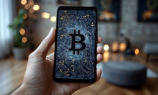 Hand holds a phone with a screen displaying a financial symbol and circuit board patterns in a cozy, blurred room