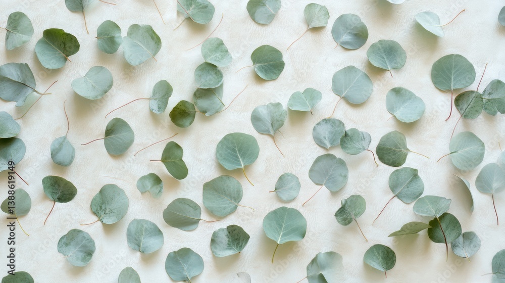 Aufkleber structured flat-lay of eucalyptus leaves on a soft white surface showcasing fresh botanical minimali