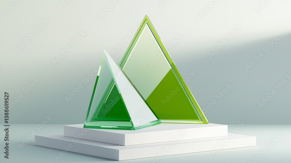 Poster green triangular prisms resting on white pedestal: minimalist abstract composition
