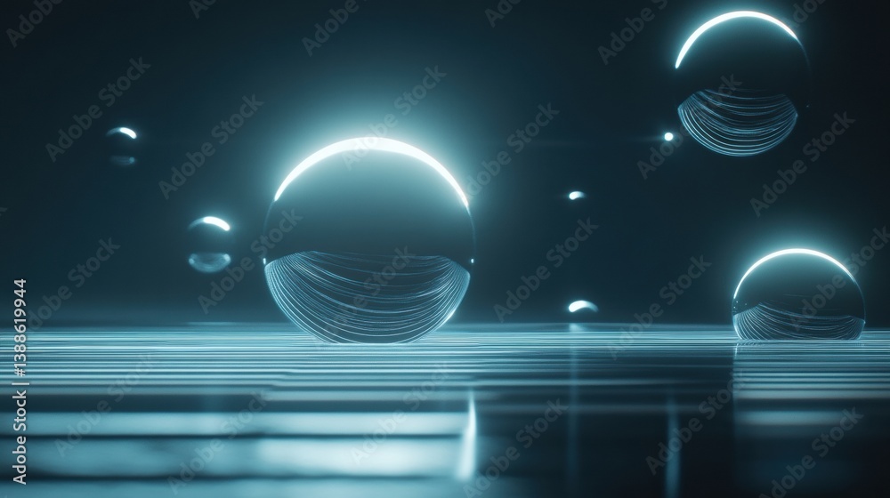 Poster Floating holographic spheres create a dreamy composition with soft glowing reflections in futuristic minimalistic digital art