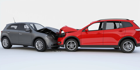 Obraz premium Two modern cars crashing in a road accident with open hoods