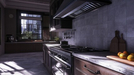 A close-up exploration of culinary sophistication a?" a luxury apartment kitchen featuring stainless steel appliances, captured in breathtaking high definition.