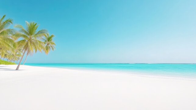 Palm trees line a pristine white sand beach. The turquoise ocean stretches to a bright blue sky. The image is high quality, well-lit, and features a calm, peaceful mood. Colors are vibrant and tropi