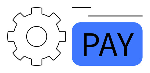 Gear icon alongside a blue payment button conveys concepts of automated processes, online payments, and technology-driven systems. Ideal for fintech, banking, e-commerce, software, automation