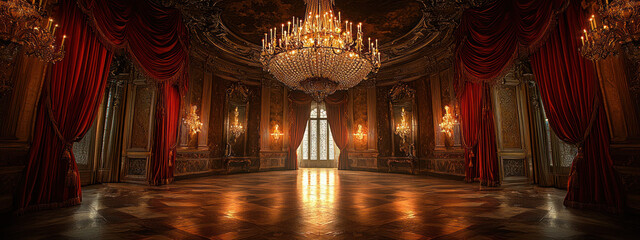 An ornate ballroom with grand chandeliers, luxurious red curtains, and intricate wood flooring exudes elegance and opulence
