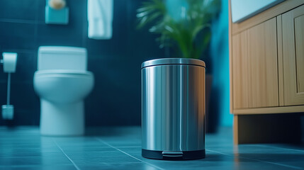 Modern stainless steel trash can in a clean bathroom setting