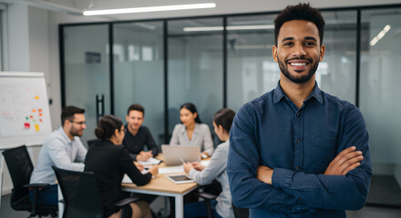 Obraz premium A smiling man stands confidently with arms crossed in the foreground, while a diverse team collaborates around a table in a modern office setting.