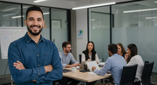 A smiling man stands confidently with arms crossed in the foreground, while a team discusses ideas at a table in a modern office with glass partitions.
