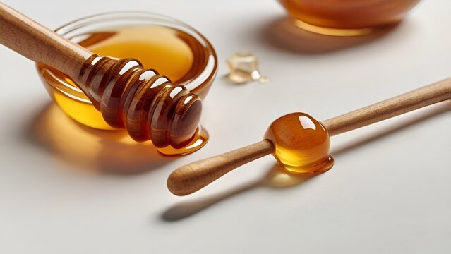 Honey Jar and Wooden Dipper on White Background &ndash; Top View Composition