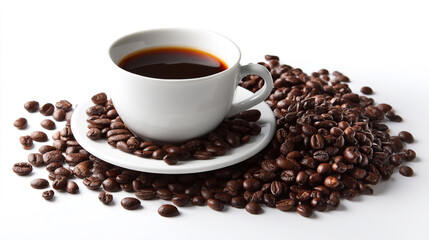 Fototapeta premium A white cup of coffee, full and rich, rests on a bed of freshly roasted coffee beans.