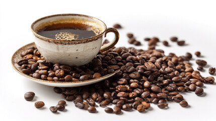 Fototapeta premium A beautiful coffee cup rests amidst a pile of fresh, aromatic coffee beans.