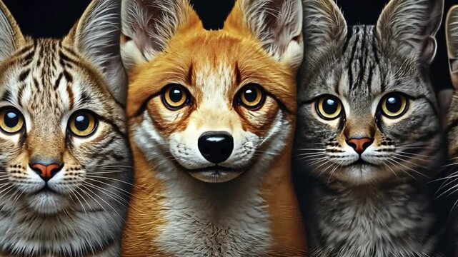 Five Feline Friends A Tiger, Lynx, Fox, and Two Cats Portrait