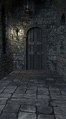 Fototapeta premium Dark, stone corridor with a wooden door. Dimly lit passageway in a medieval castle