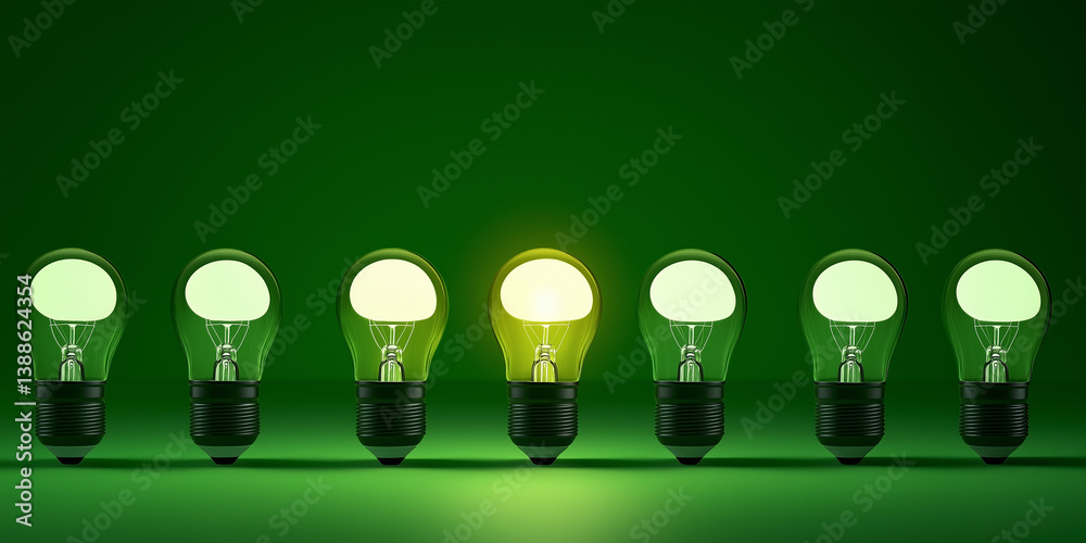 Poster bright light bulb shining in row of dim ones on green background