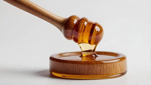 Top View of Honey and Wooden Dipper Isolated on White Background