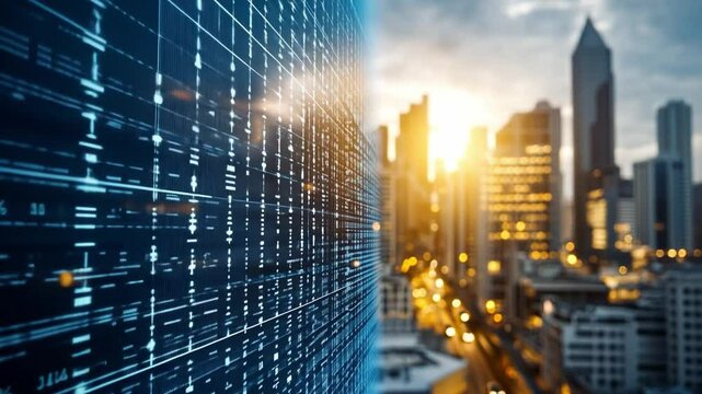Digital Skyline: A mesmerizing juxtaposition of digital data streams merging with a modern city skyline at sunset, symbolizing the fusion of technology and urban life.