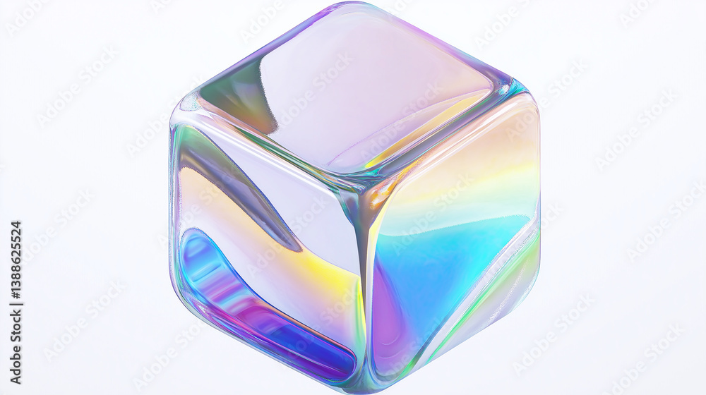 Poster iridescent glass cube shining with rainbow colors on white background