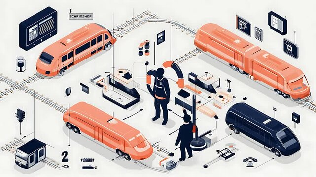 Train maintenance and repair.  Detailed isometric view of railway maintenance operations, including train components and personnel