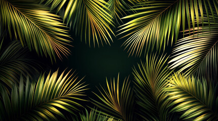 Obraz premium Lush green palm leaves frame dark background, creating depth