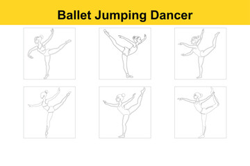 Set of Elegant Ballet Leaping Ballerina Line Art Silhouette