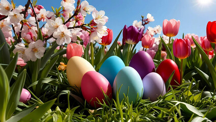 Beautiful, brightly colored Easter eggs are placed in a garden of colorful spring flowers.