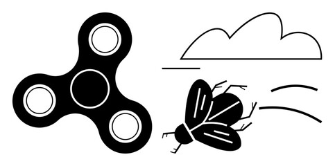 Fidget spinner spinning near flying fly and cloud, representing movement, play, nature, energy, curiosity, mechanics, and fun. Ideal for creativity productivity stress relief innovation nature