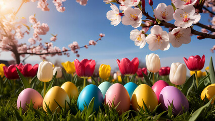 Beautiful, brightly colored Easter eggs are placed in a garden of colorful spring flowers.