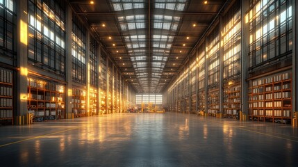 Fototapeta premium Vast Industrial Warehouse Interior: Sunlight Streaming Through Windows, High Ceilings, and Rows of Organized Shelves Filled with Goods, Reflecting the Golden Hour's Warmth on the Polished Floor.
