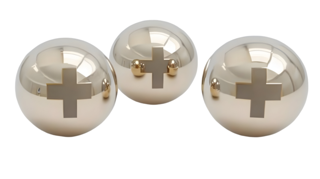 3D Rendered Golden Spheres With Plus Symbols Isolated On Transparent Black Background