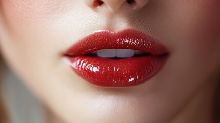 Fototapeta premium closeup shot capturing the allure of a woman's lips adorned with radiant scarlet lipstick enhancing her natural beauty and radiant smile