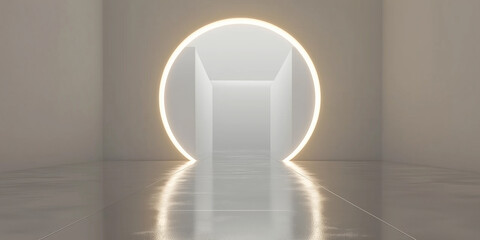 Bright glowing light circle illuminating futuristic corridor