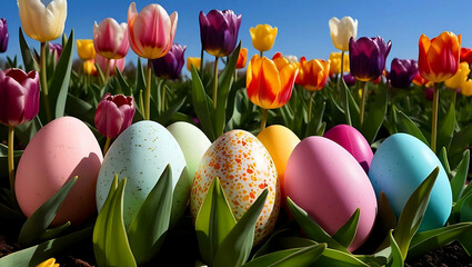 Beautiful, brightly colored Easter eggs are placed in a garden of colorful spring flowers.