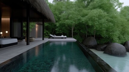 Luxurious overwater pool villa nestled within a lush tropical rainforest.  The spacious, modern villa features a private infinity pool, comfortable seating, and direct access to the ocean