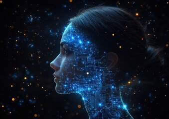 A woman's face is shown in a computer generated image with a red