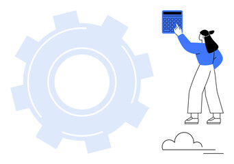 Woman holding calculator near large gear backdrop, representing calculation, optimization, and decision-making. Ideal for tech, business, strategy, planning analytics education productivity. Flat
