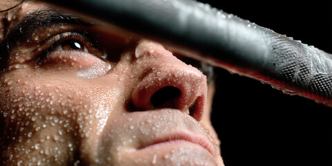 Close up of determined athlete face covered in sweat during intense workout