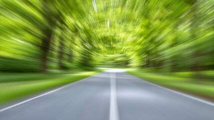 blurred road surrounded by vibrant green trees creates sense