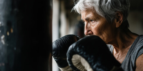 Obraz premium elderly woman with boxing gloves shadowboxing in gym, showing determination and focus