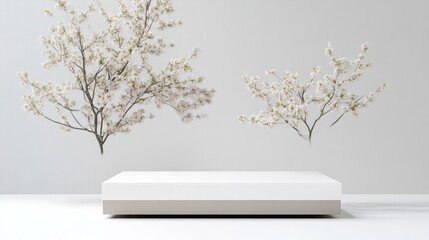 Obraz premium Empty white display podium with cherry blossoms