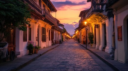 Fototapeta premium Sunset Serenity: Cobblestone Street in Antigua, Guatemala