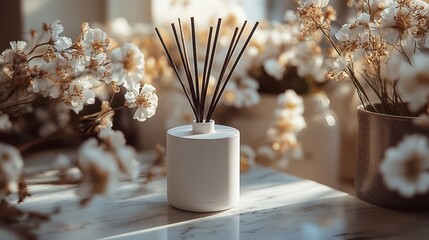 Fototapeta premium Fragrant sticks stand amidst delicate white blooms, light pouring in