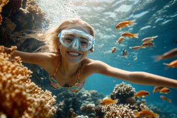 Bright commercial style image. Many tropical fish swim next to her. A stunning and sexy happy mixed-race young woman with blond hair in a swimming mask and fins snorkeling among the corals.