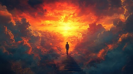 silhouette ascending staircase amid fiery clouds evoking journey transition and ethereal destination reaching for the unknown