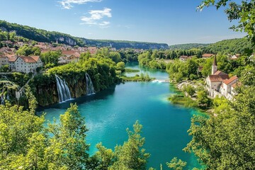 Scenic view of a village with waterfalls and a beautiful lake