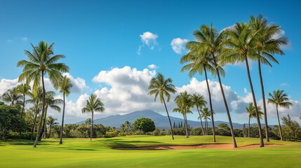 Lush green golf course with palm trees and a volcano in the background