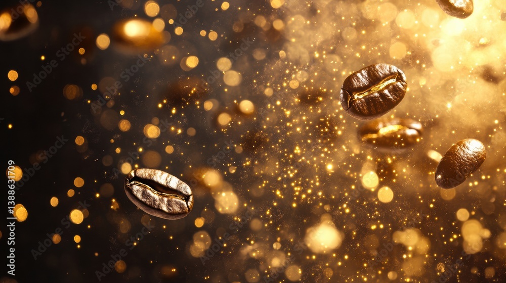 Aufkleber artistic transformation of coffee beans into golden drops in a luxurious and glowing abstract backgr